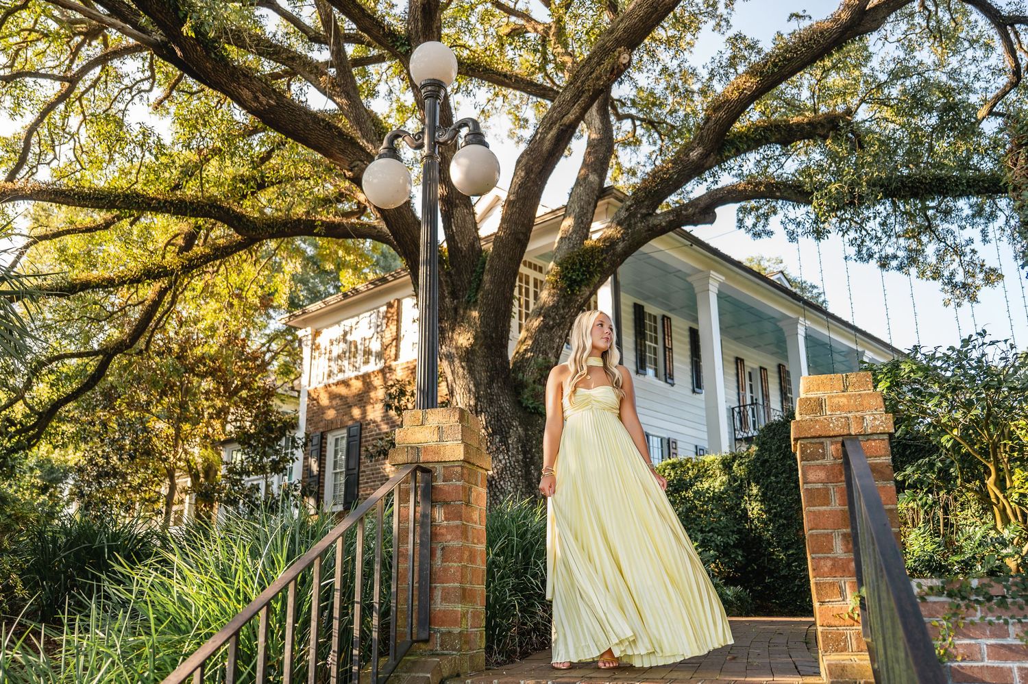 Garden photoshoot featuring flowing dress under majestic oak trees with natural lighting.