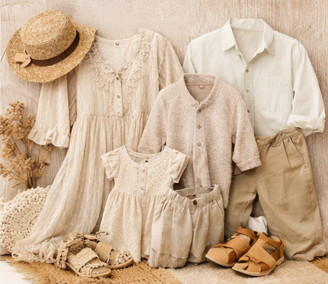 Vintage collection of antique white lace dresses, gowns and clothing displayed with leather shoes on beige background.