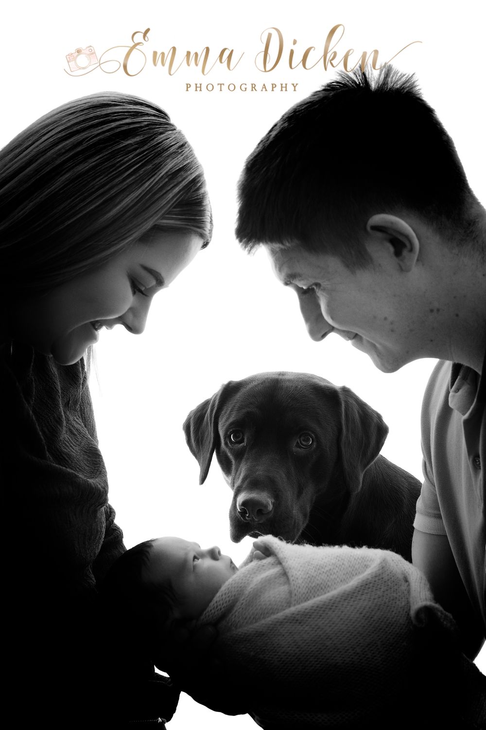 Baby and labrador with family, backlit studio photo near Snaith