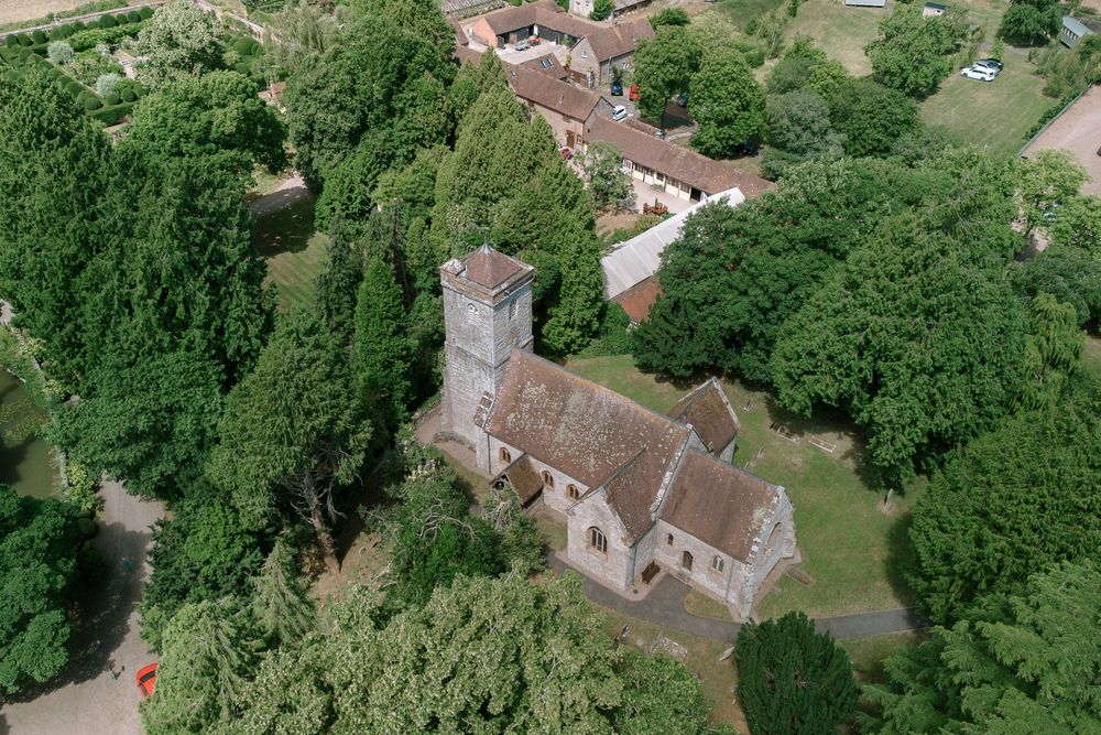 Aerial view of Birtsmorton church, where couples can get married on site of the venue