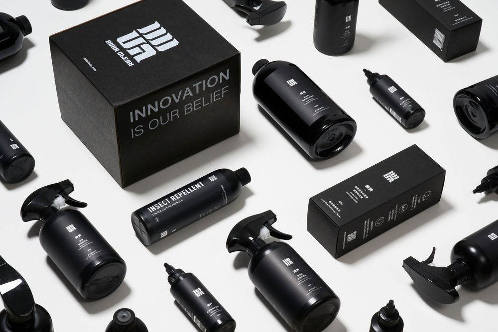 Black and white product photography layout featuring Innovation beauty product bottles and packaging against white background.