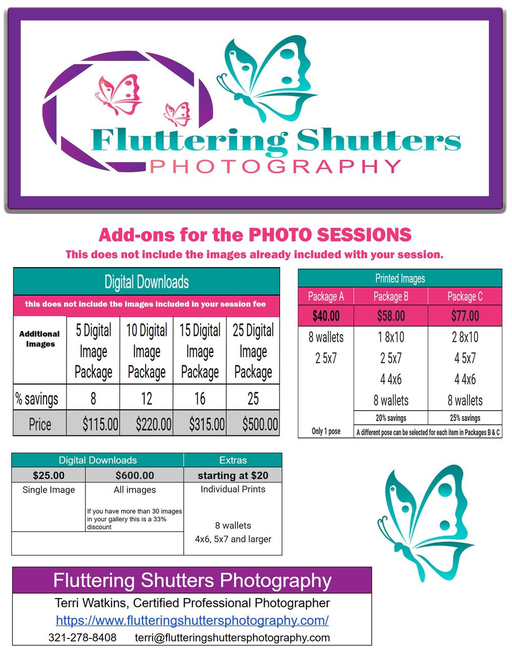 Photography pricing guide showing package options and add-ons with teal and purple butterfly branding design elements.