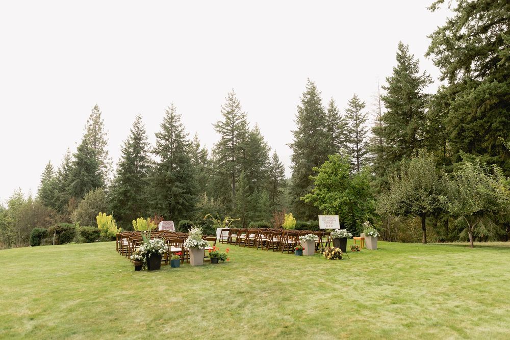 Outdoor wedding ceremony setup on a green lawn surrounded by tall evergreen trees.