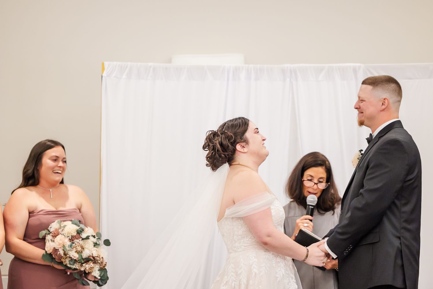 A wedding couple shares joyful moments during their special day in a series of candid photos.