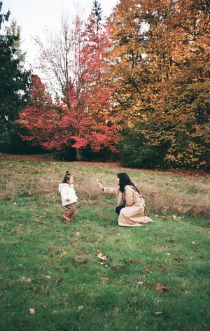 A sequence of photos showing someone rolling down a grassy hillside on an autumn day with colorful fall foliage.
