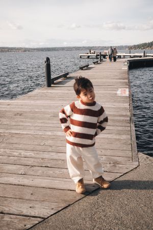 A person in a striped sweater crouches on a wooden dock overlooking a scenic lake on an overcast day.