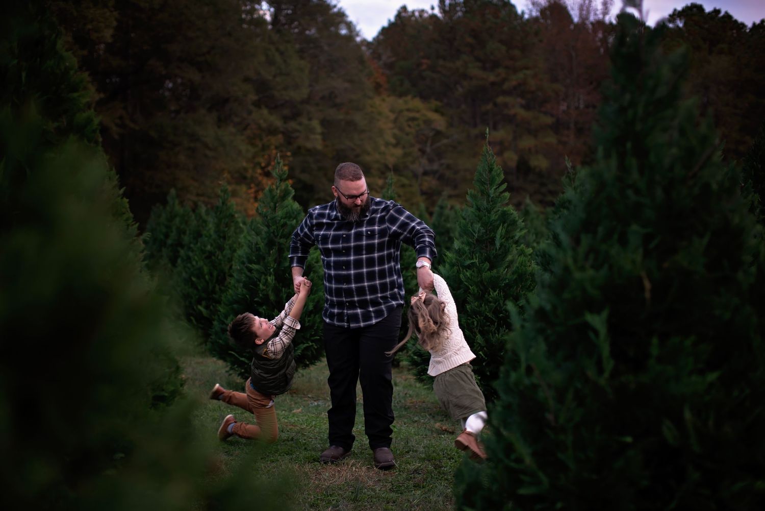 A sequence of images showing someone playing with a small dog in a wooded outdoor setting at dusk.