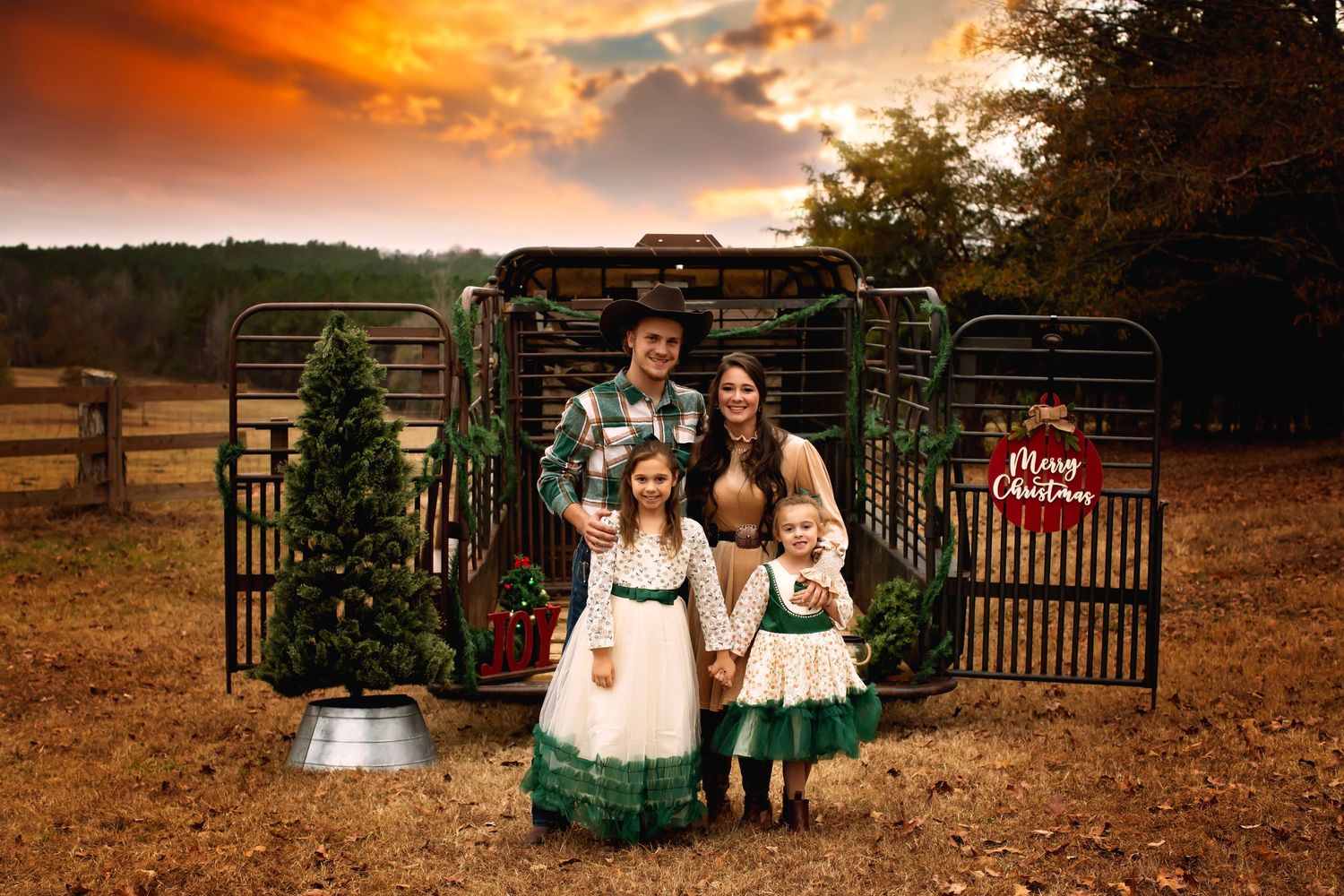 A series of autumn family portraits taken at sunset with rustic fences and warm orange lighting in an outdoor setting.
