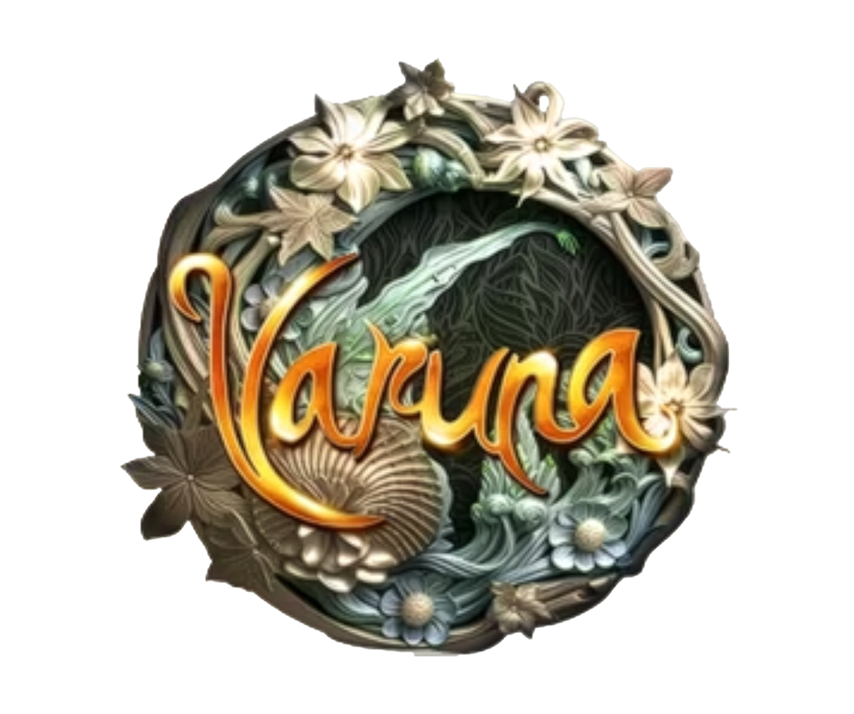Decorative circular Varuna logo with ornate floral designs and metallic lettering against a dark green background.