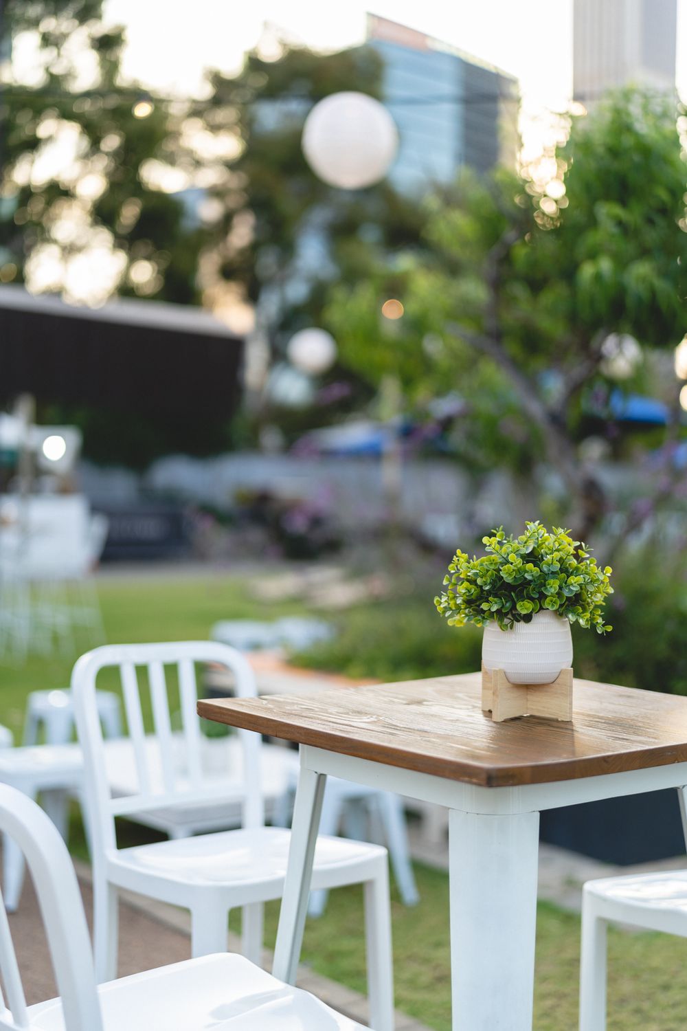 Modern outdoor event setup with white chairs and wooden tables decorated with small plants.