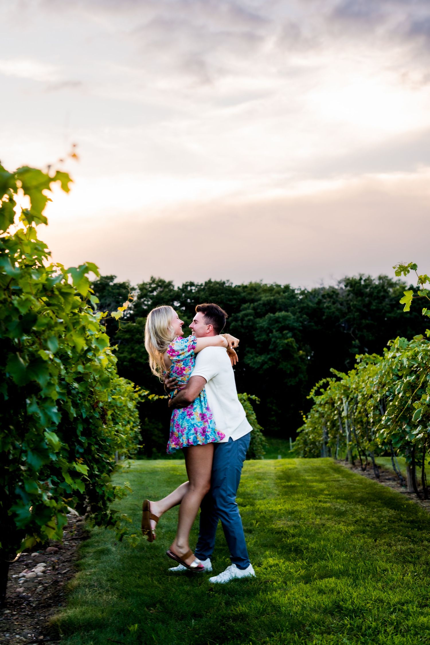 A romantic engagement photo sequence showing a couple embracing and displaying a diamond ring in a garden setting.