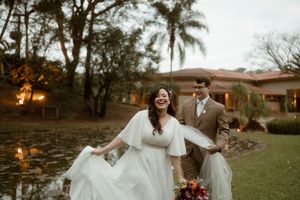A collection of outdoor wedding photos featuring romantic poses and natural settings at sunset.