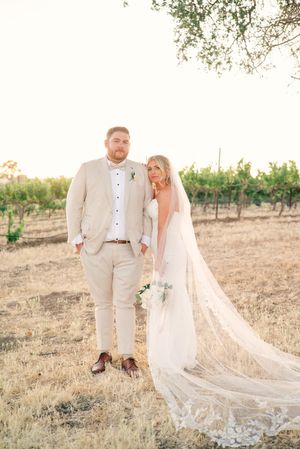 Elegant wedding couple posing together in a rustic vineyard with flowing veil detail.