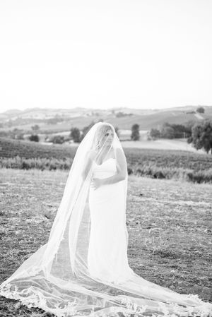 Black and white photograph of flowing wedding veil against rolling countryside landscape.