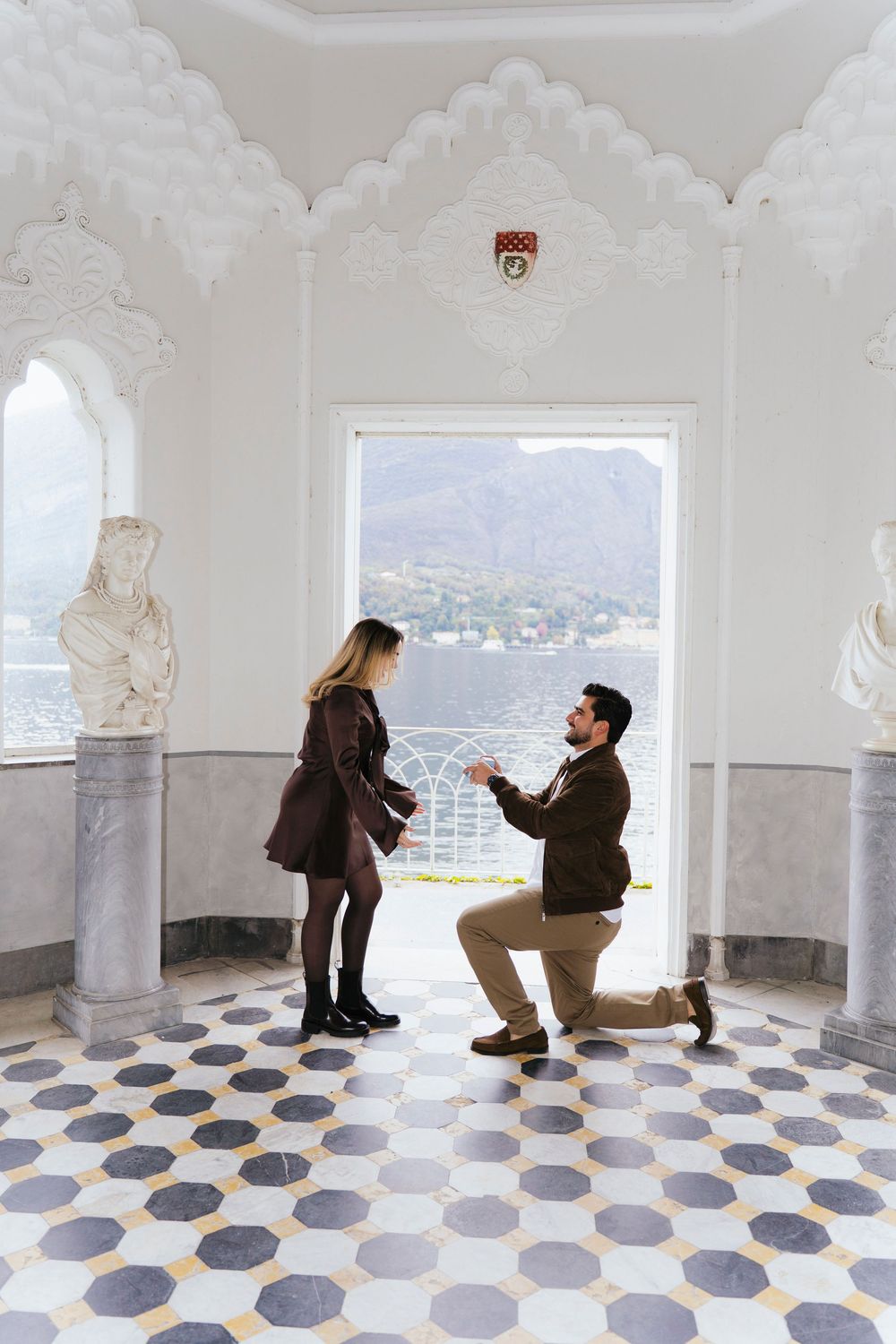 A sequence of photos showing a marriage proposal in a white ornate room with a geometric tiled floor and mountain view.
