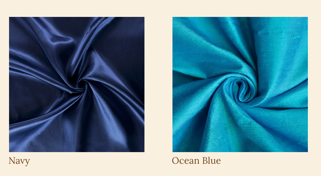 Navy blue and ocean blue silk fabric swatches showing luxurious textile textures.