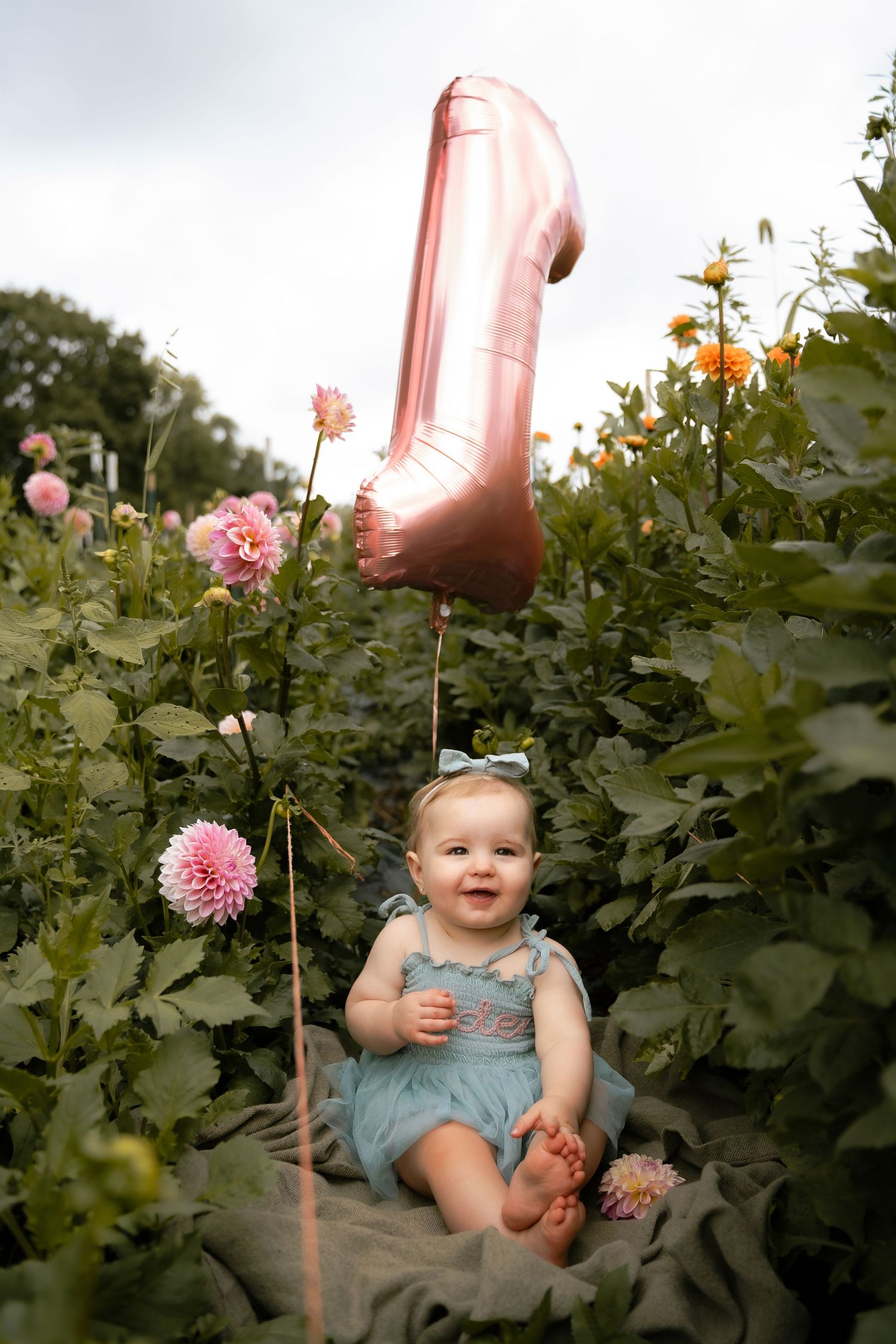 A baby sits among pink dahlias in a garden with a rose gold number one balloon.