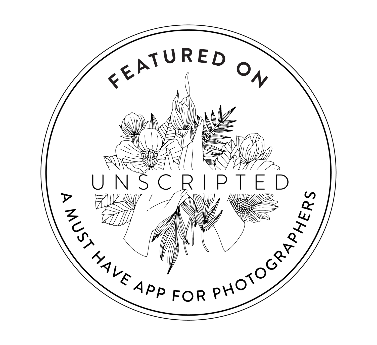 Black circular badge design with text 'FEATURED ON UNSCRIPTED POSING APP"