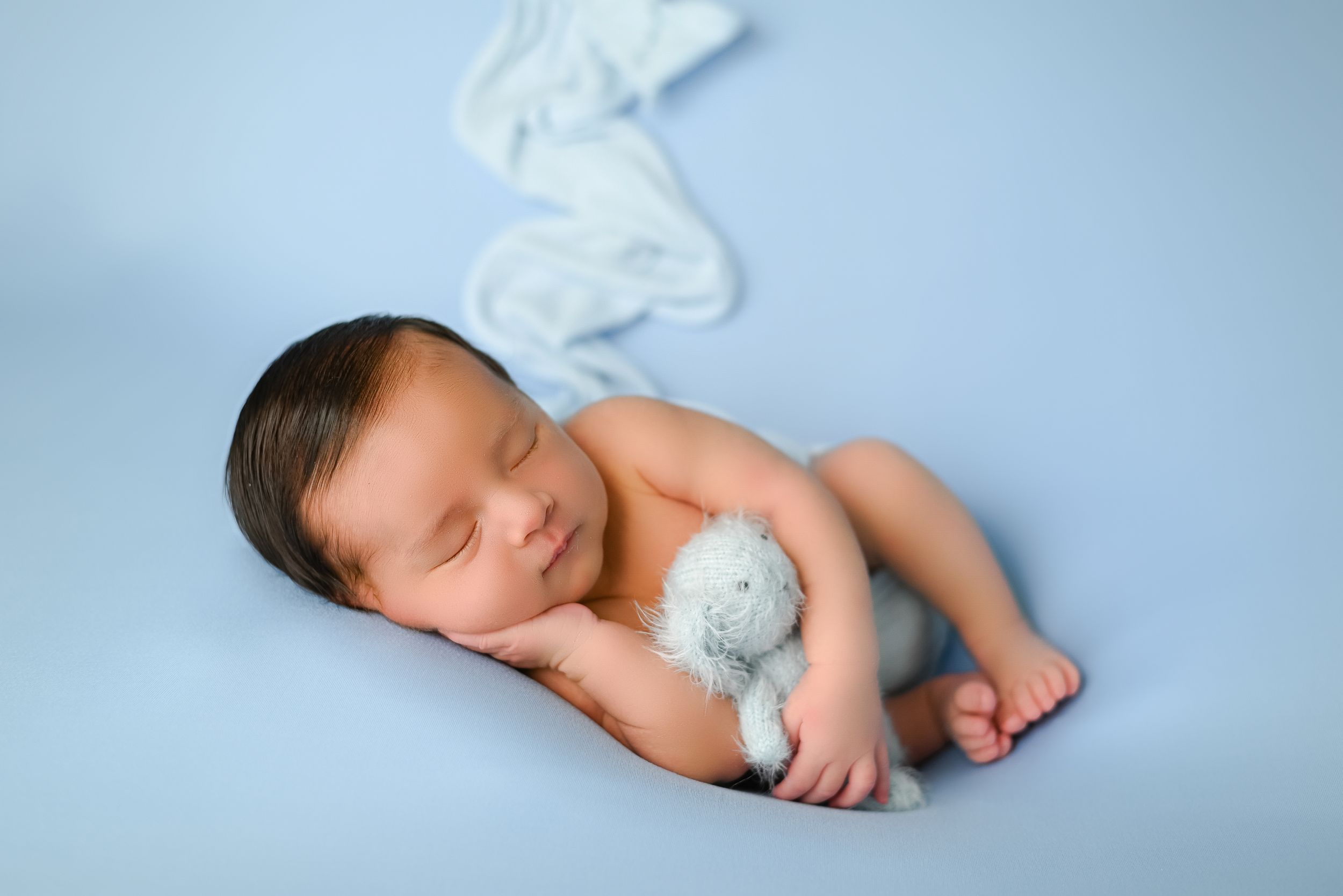 Sleeping newborn with small plush toy on light blue background.