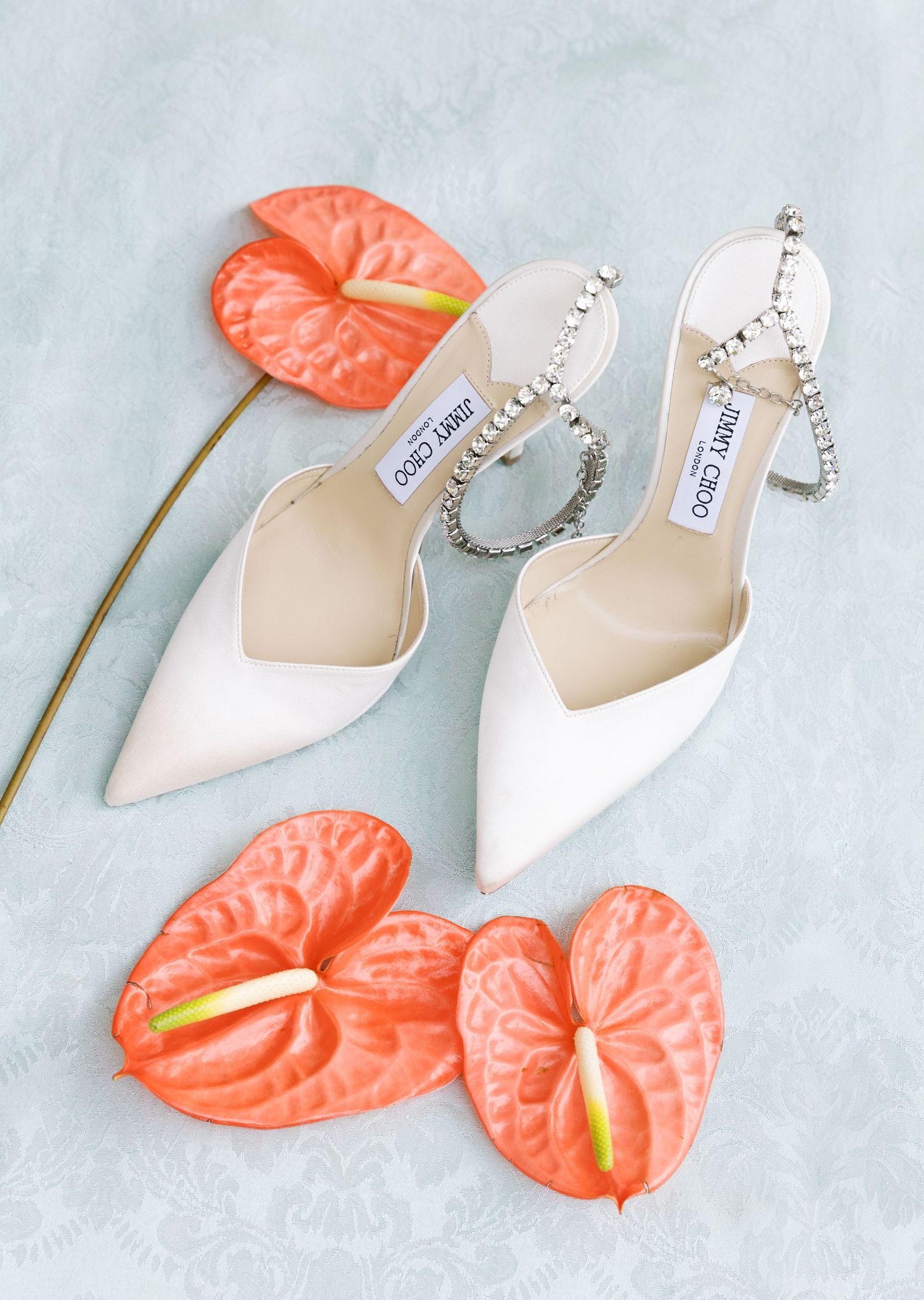 Elegant white Jimmy Choo bridal shoes with pearl straps styled with coral anthurium flowers against a pale blue background.