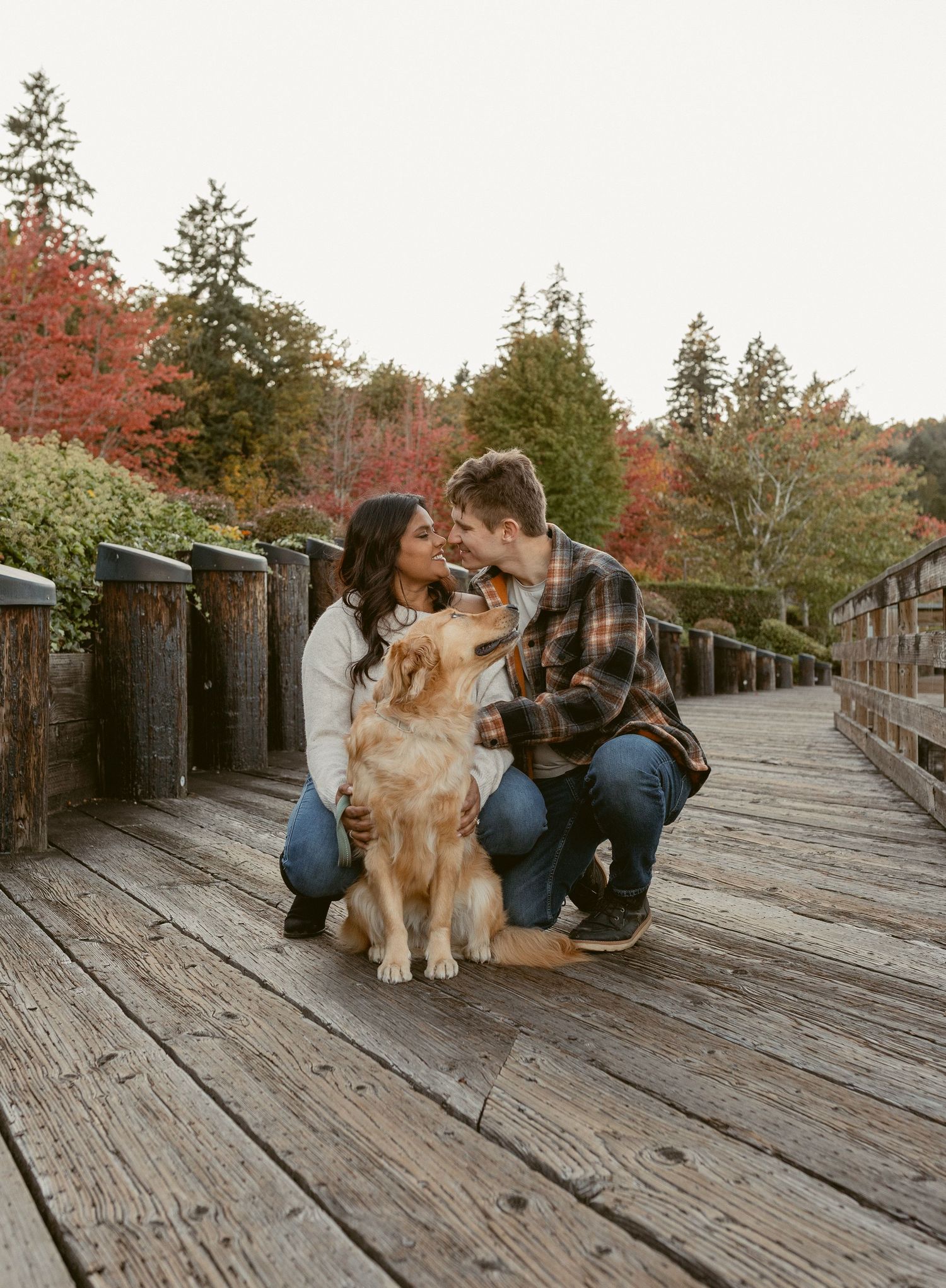 A dog and its companion share a tender moment on a wooden bridge surrounded by autumn foliage.