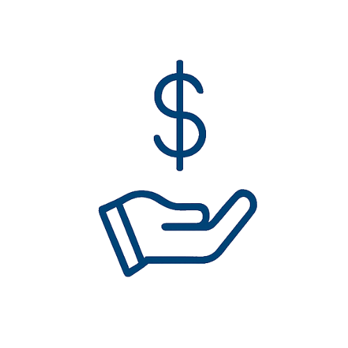 Blue line art icon of an open hand with a dollar sign representing affordable pricing.