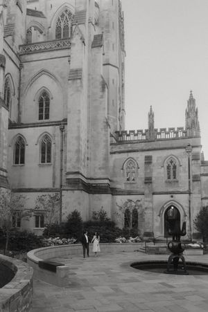 Gothic cathedral exterior with stone archways and architectural details shown from different angles in black and white.