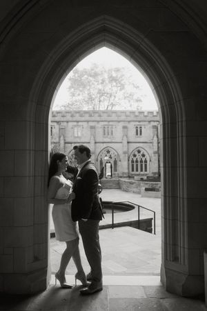 Three black and white photographs show silhouettes of people standing in a gothic stone archway entrance.