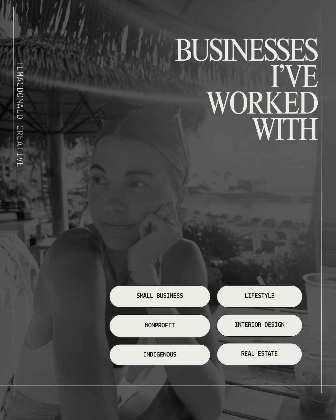 Black and white business website header design with text overlays and navigation menu buttons.