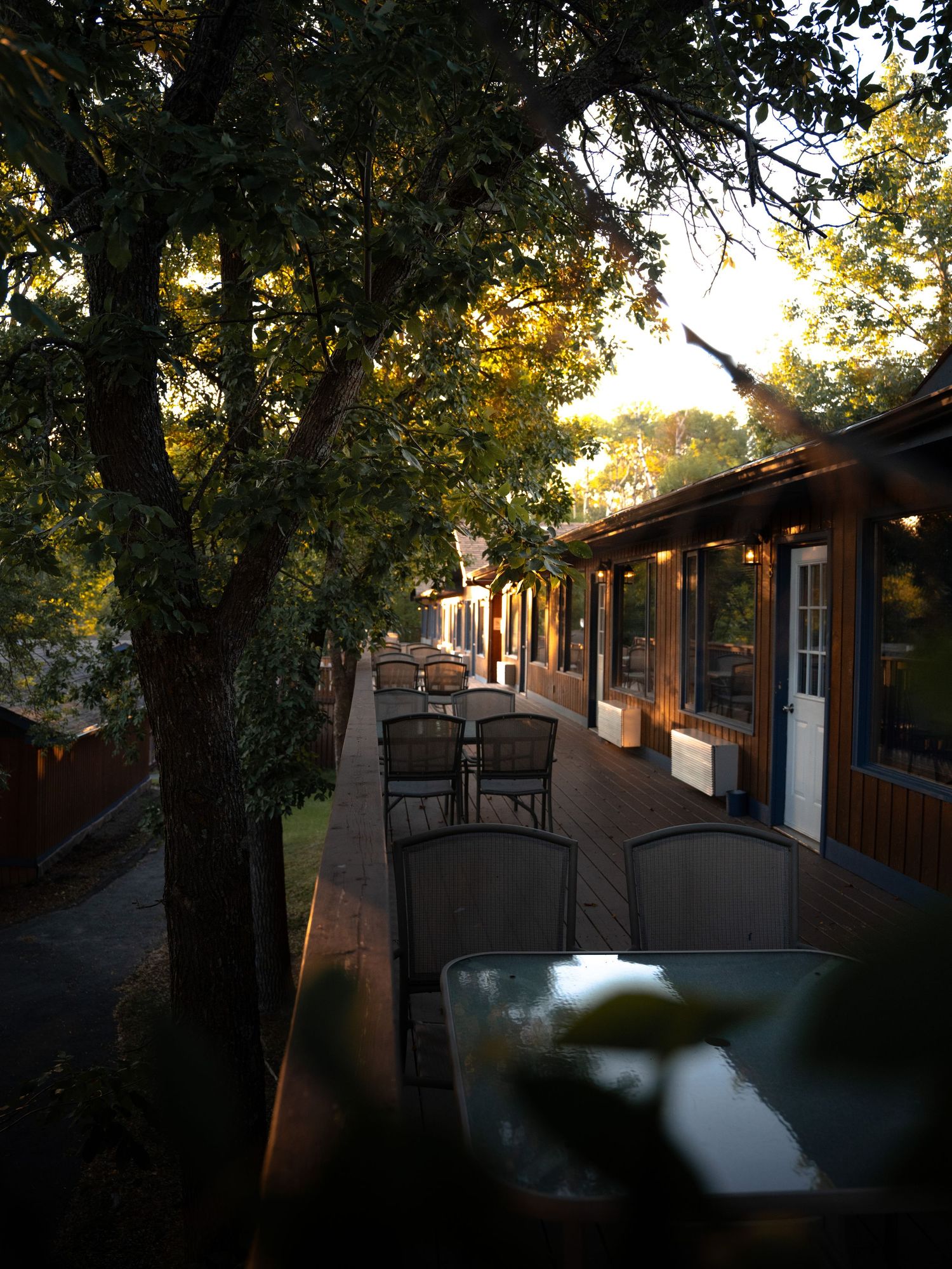 Outdoor restaurant patio with string lights and wooden chairs at sunset.