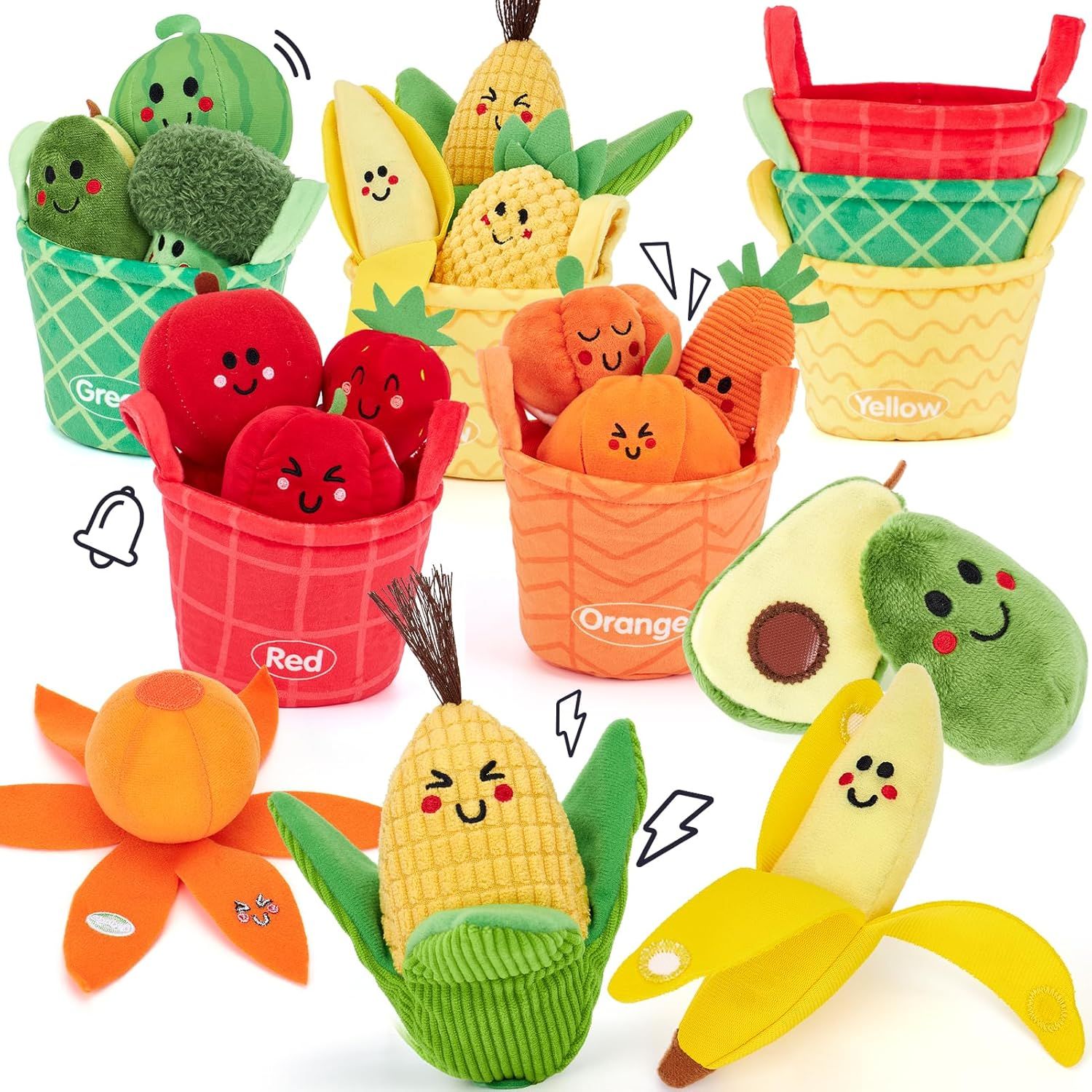 Colorful plush toys of smiling fruits and vegetables arranged in a playful line against a white background.