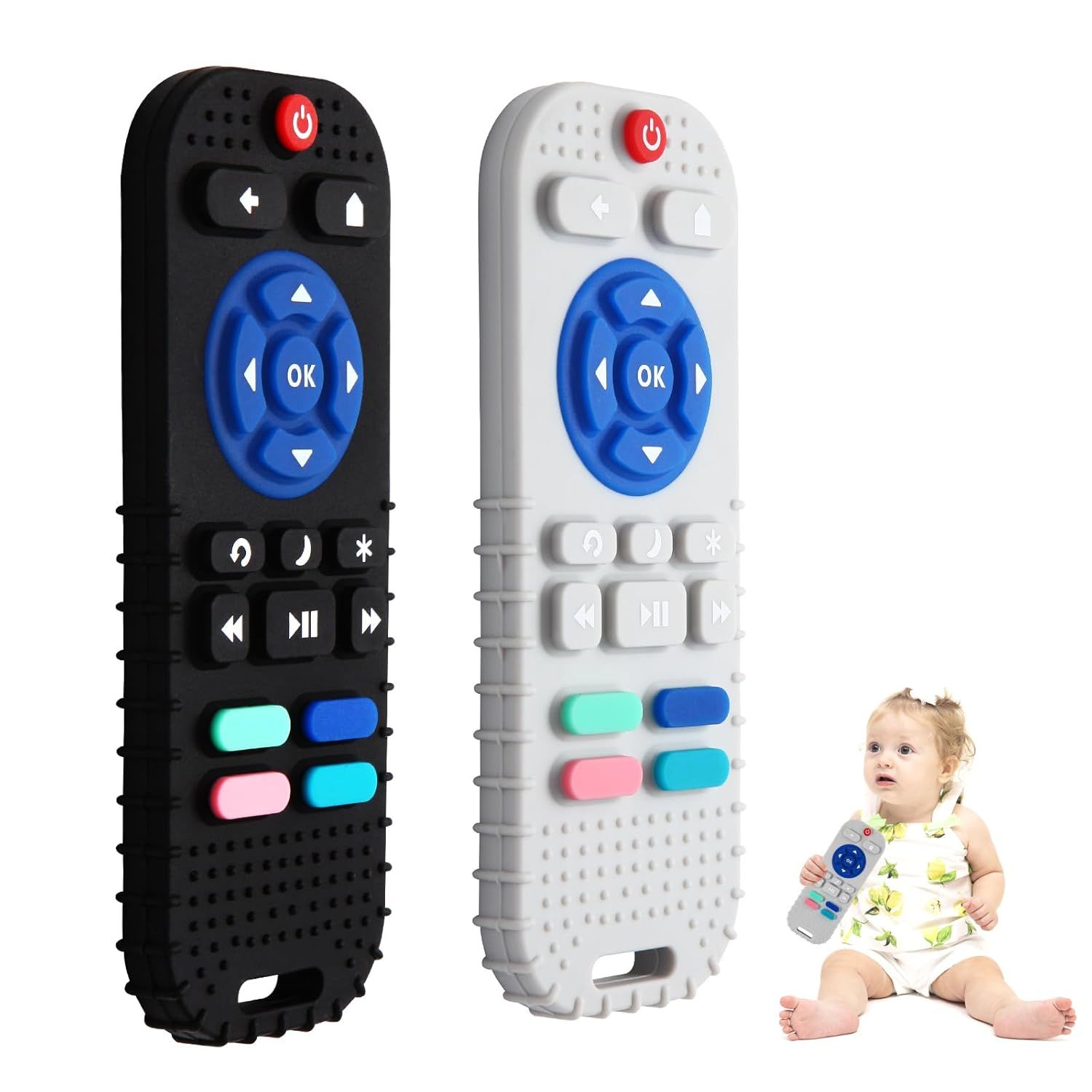 Black and white remote control designs with textured grip patterns and blue buttons shown in different angles and styles.