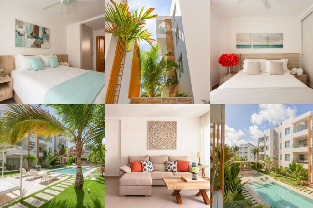 Modern luxury apartment interior with tropical garden views and contemporary furnishings in bright, airy spaces. Real State.