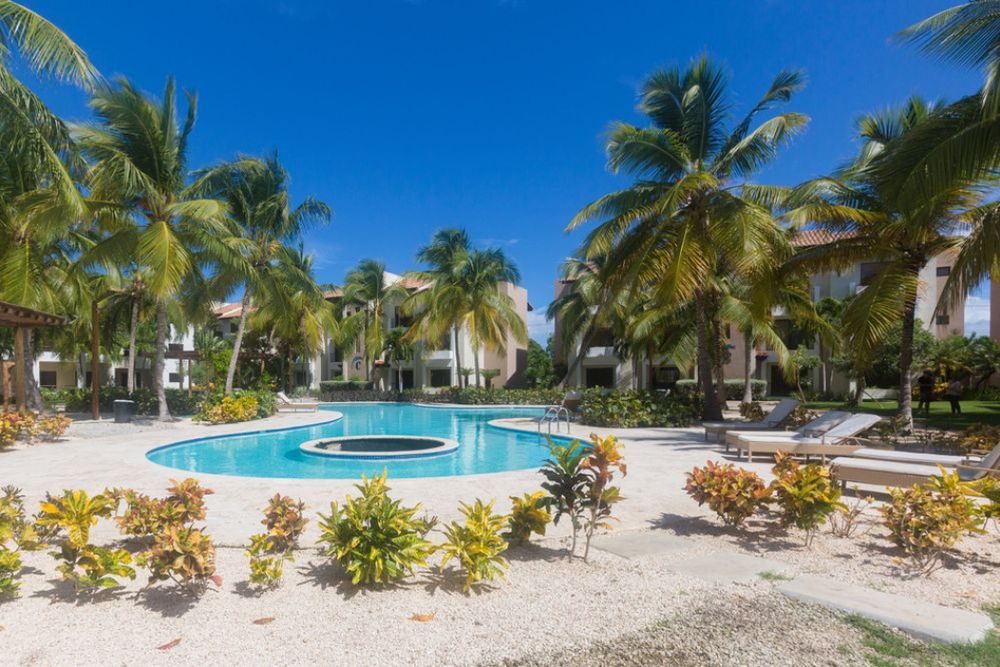 Panoramic view of a tropical beach resort with palm trees and white sand stretching along turquoise waters. Real State.