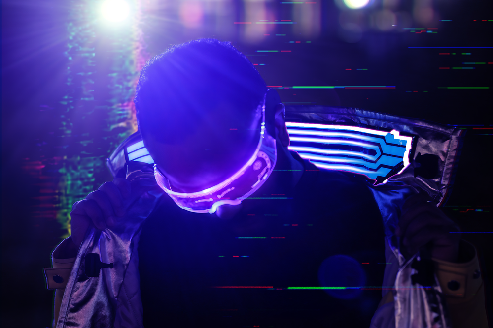A series of neon-lit concert stage scenes with performers silhouetted against vibrant purple and blue lighting effects.