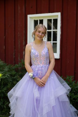 A stunning lavender prom dress with beaded bodice and layered tulle skirt photographed against a rustic red barn wall.