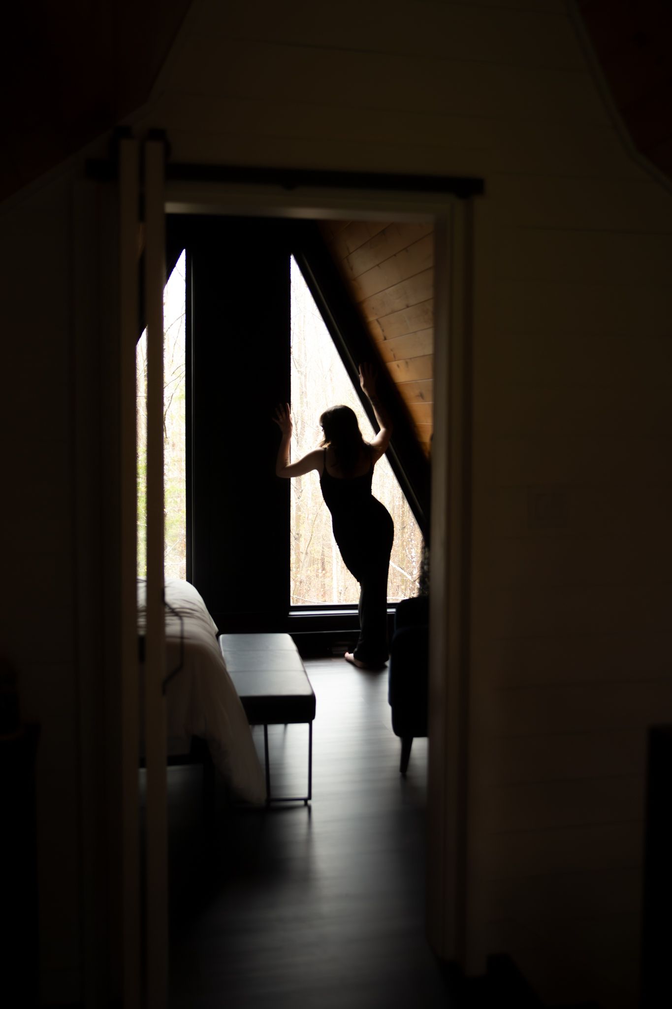 Silhouetted figure stands in dark room with dramatic window light creating moody atmospheric shadows.