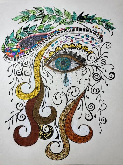 Artistic drawing combining piano keys, leaves, and an ornate eye with decorative swirls and patterns.