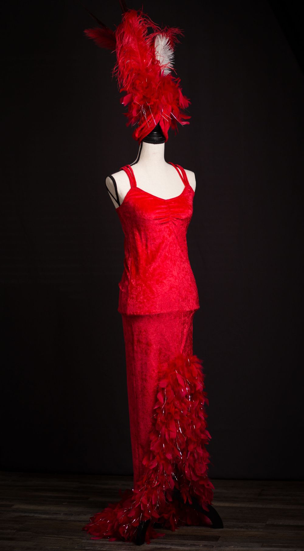 red velvet showgirl dress and feathered turban- size s/m