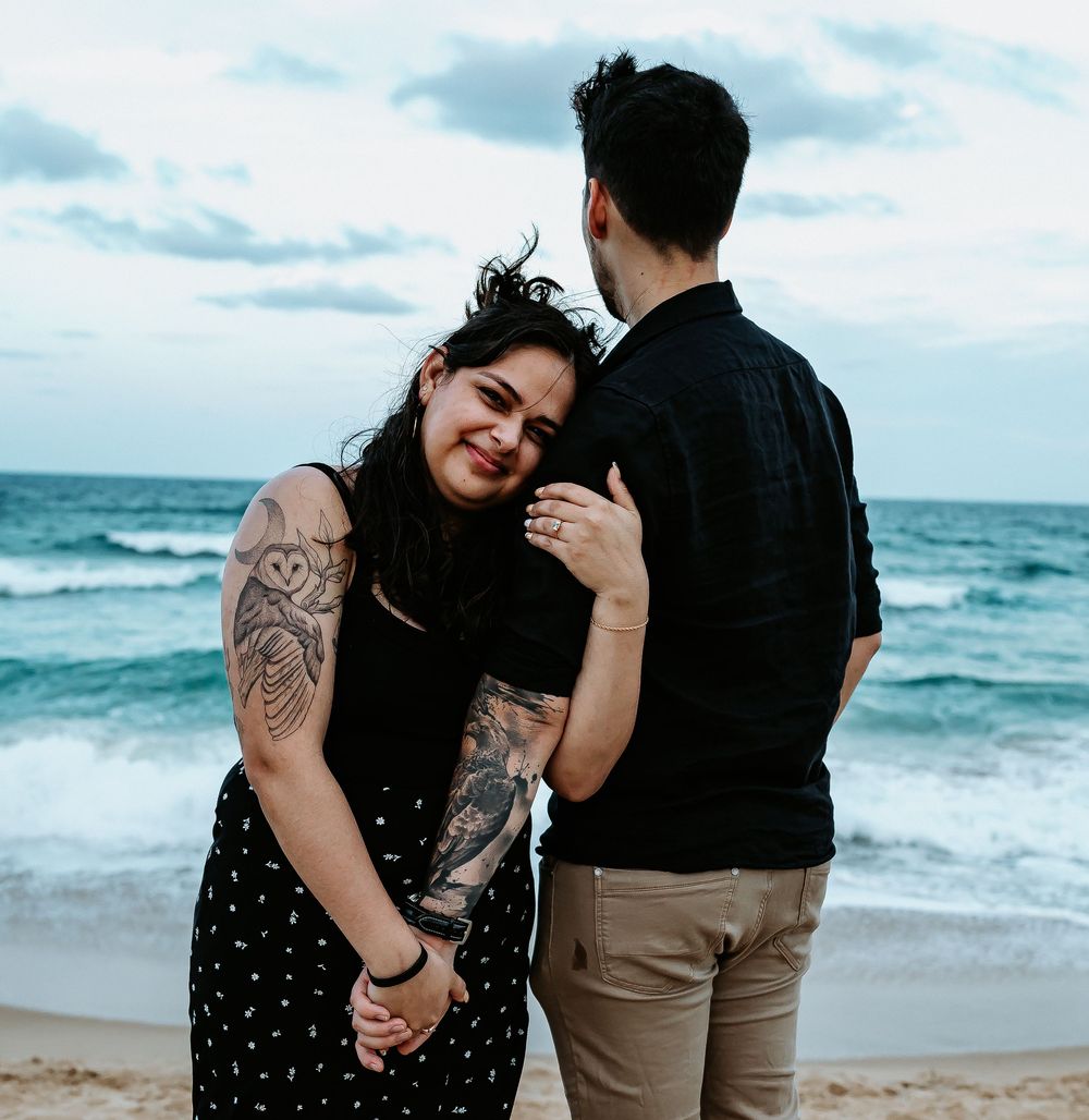 Surprise proposal photography session at sunset golden hour overlooking Mudjimba beach on the Sunshine Coast.