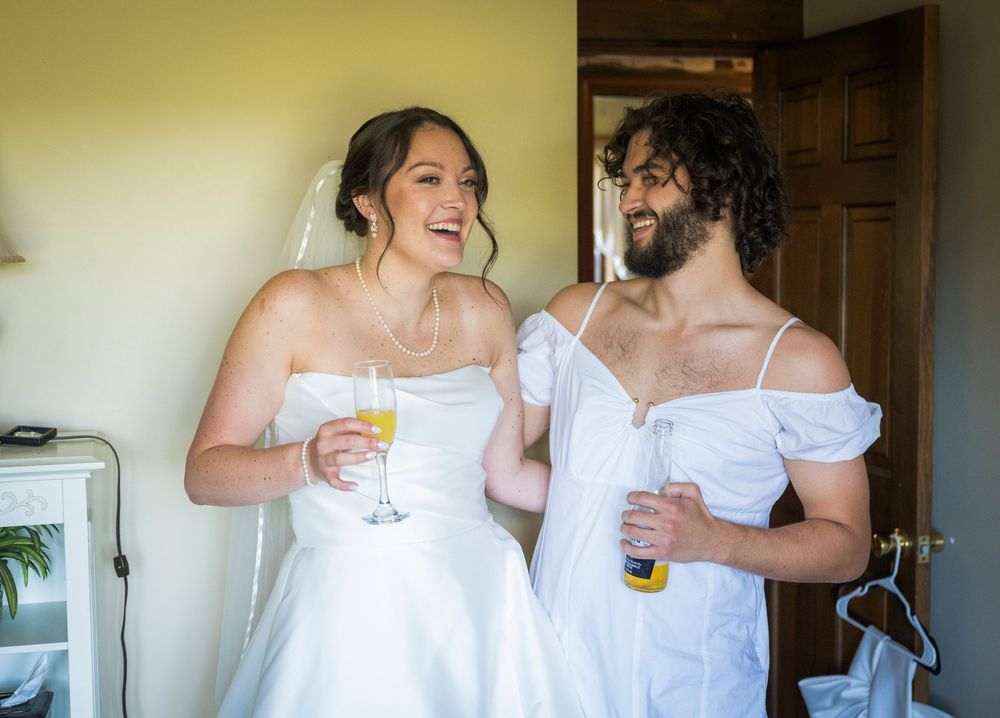 A series of candid moments captured during wedding preparations indoors.