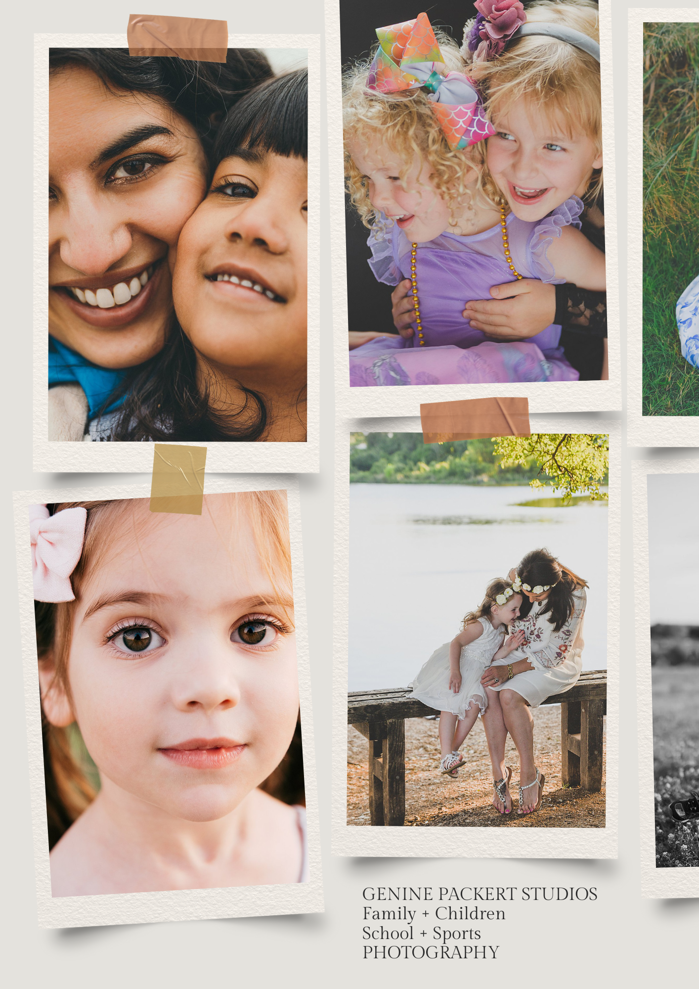 A collage of candid photography moments featuring family portraits and children in natural settings and studio shots.