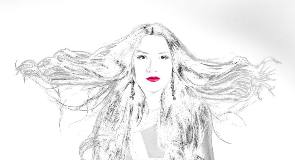 Artistic black and white sketch of flowing hair with red lipstick accent.