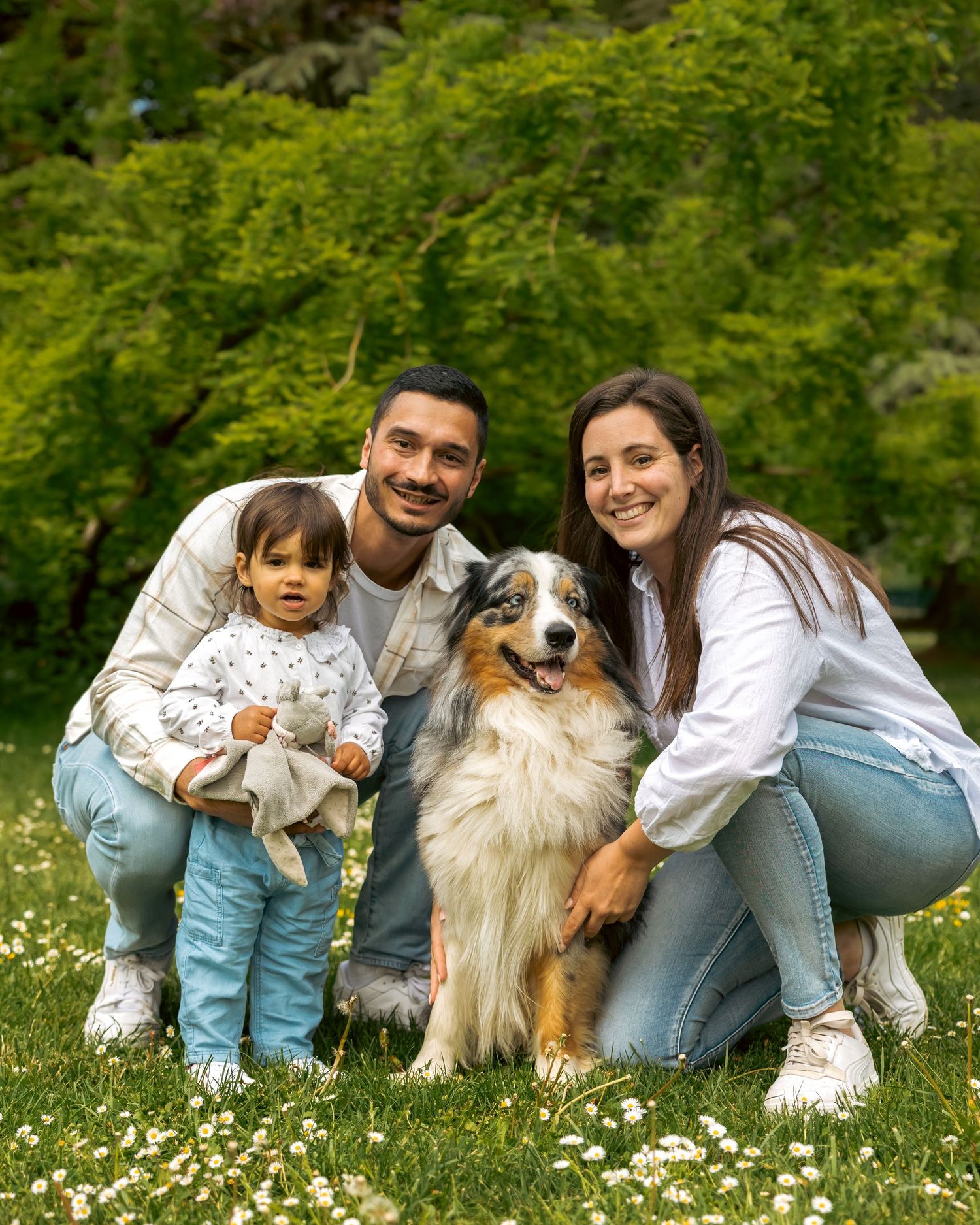 A family and their Australian Shepherd dog pose together in a blooming spring meadow with green trees in the background.