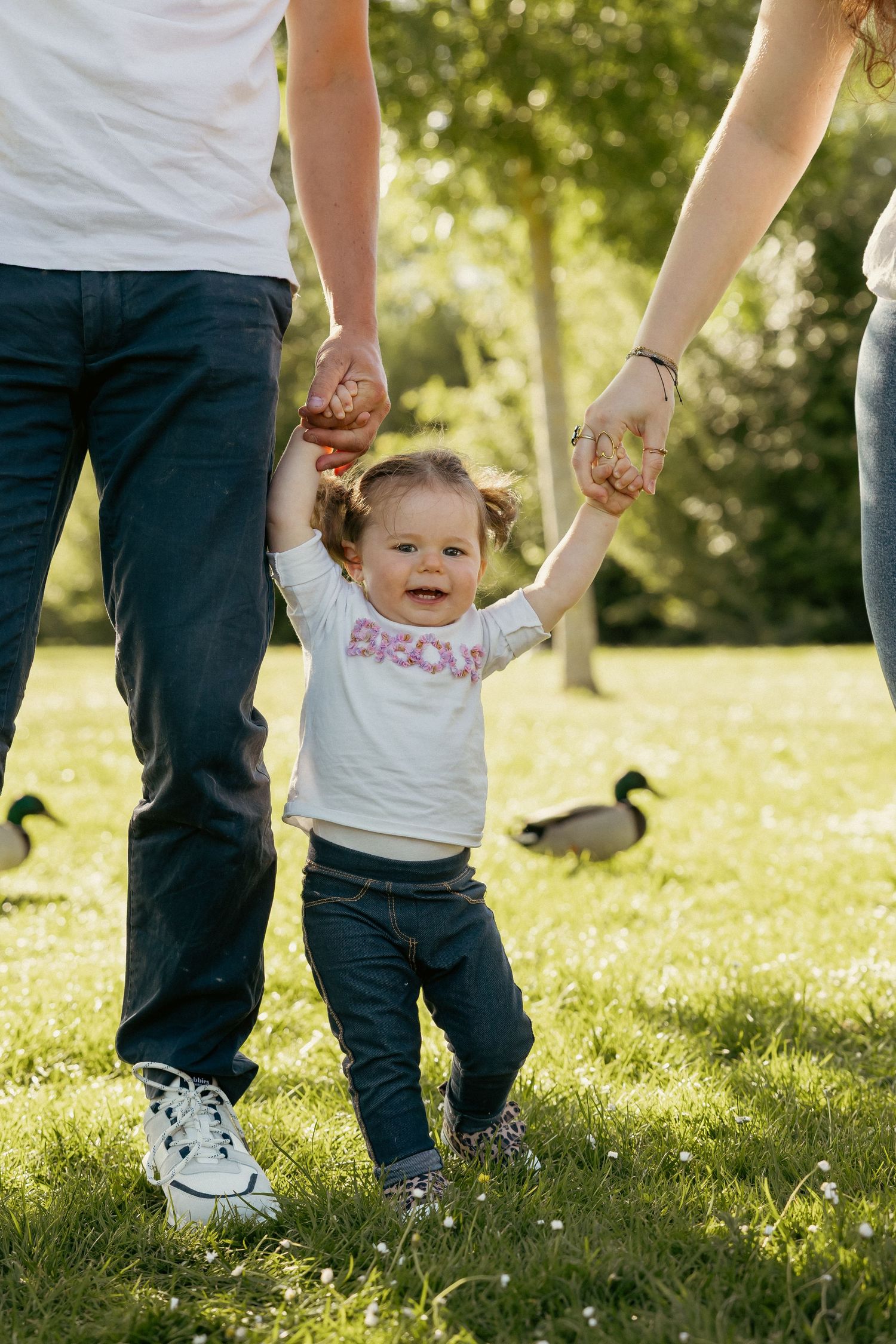A small child holding hands with adults walks through a sunny park with a duck in the background.
