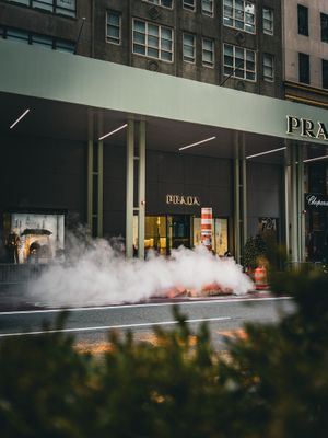Steam rising from street level outside luxury Prada store in city setting.