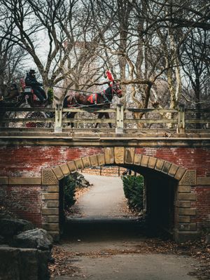 Historic brick archway tunnel in a park with autumn leaves scattered on the ground.