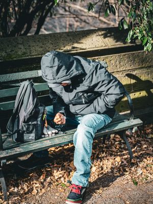 Person sleeping on park bench with backpack among fallen autumn leaves.