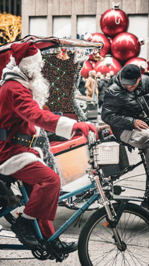 Cyclists in red and black winter gear riding bikes on a city street.