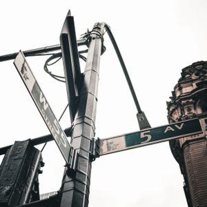 Modern architectural details of urban lamp posts against a white sky.